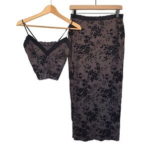 Vintage Y2K Windsor Set Brown Black Floral Mesh Cami Crop Top Midi Skirt Set M/L